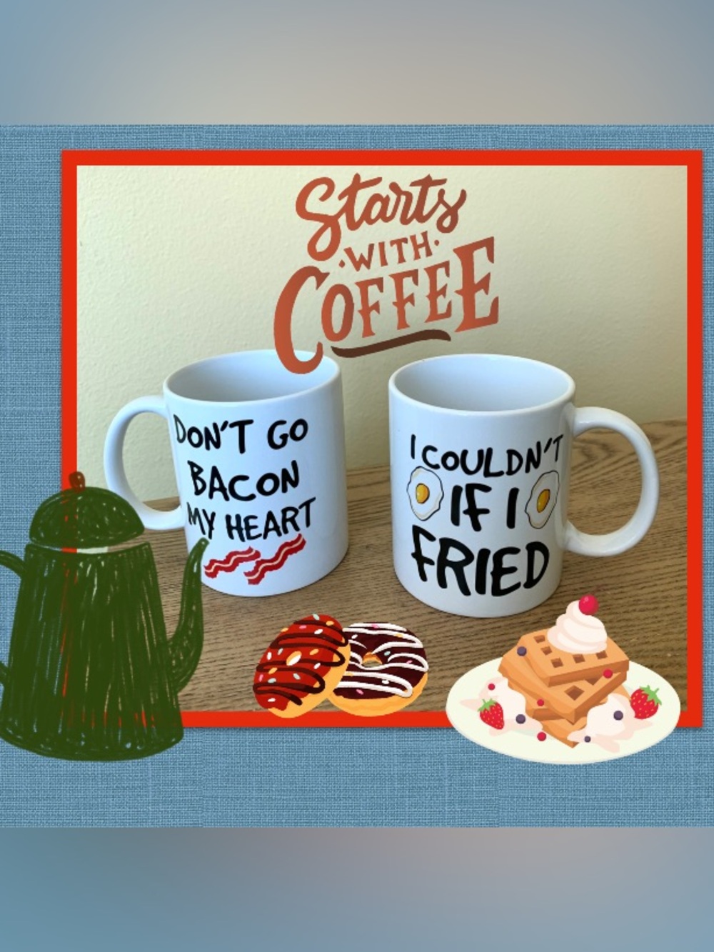 White Ceramic Breakfast Mugs with Playful Breakfast Sayings